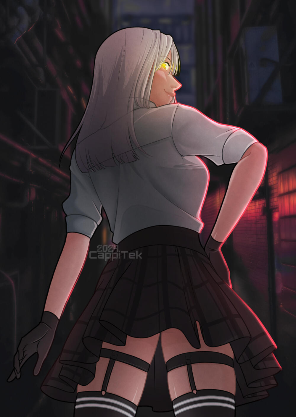 Digital art of Zentreya. She's in her button up shirt and pleated skirt look, with gloved hands, and thigh high socks with garter suspenders. She's posed looking over her shoulder, her back to the audience, with a hand on her hip, her yellow eye glowing.