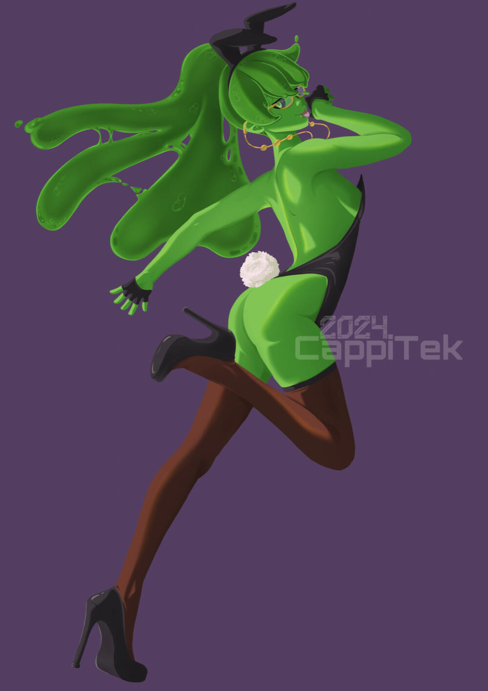 Digital art of Malleable Persona, a slime vtuber. Mal has green skin, green hair in a ponytail, and is wearing a bunny suit, thigh highs, heels, half gloves, bunny ears, and gold glasses. They are posed with their back to the audience, a leg up, with a han